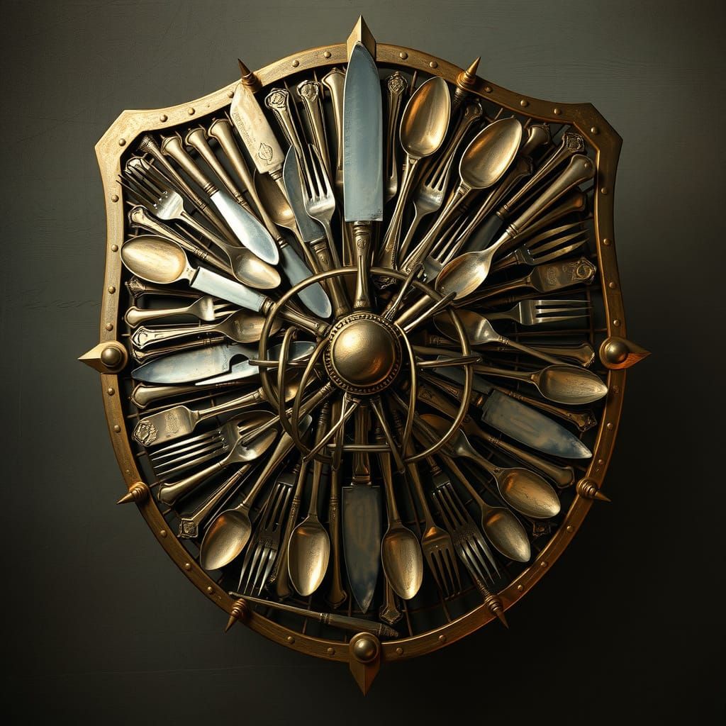 Medieval-Inspired Cutlery Shield with Golden Patina