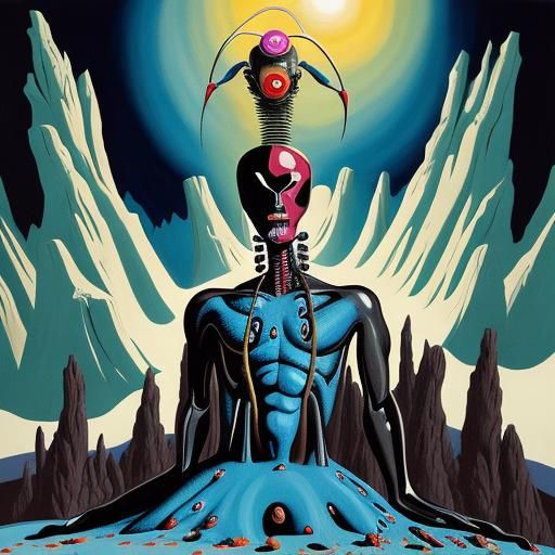 Surreal Anthropomorphic Figure on Hill in Crisp Style