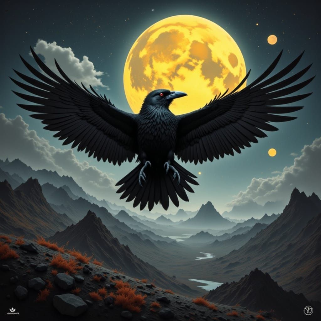 Raven Soaring Across Moonlit Starry Sky