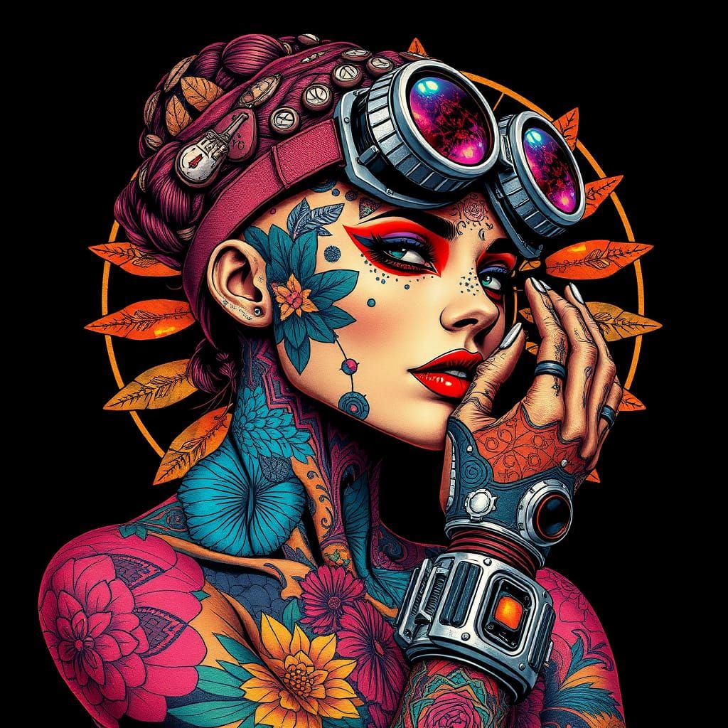 Cyberpunk Woman with Tattoo Patterns and Retro-Futuristic Go...