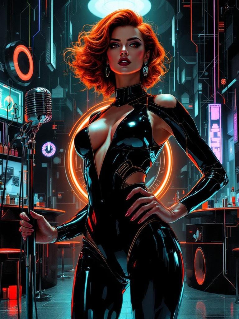 Confident Woman in Retrofuturistic Speakeasy, Blended Media ...