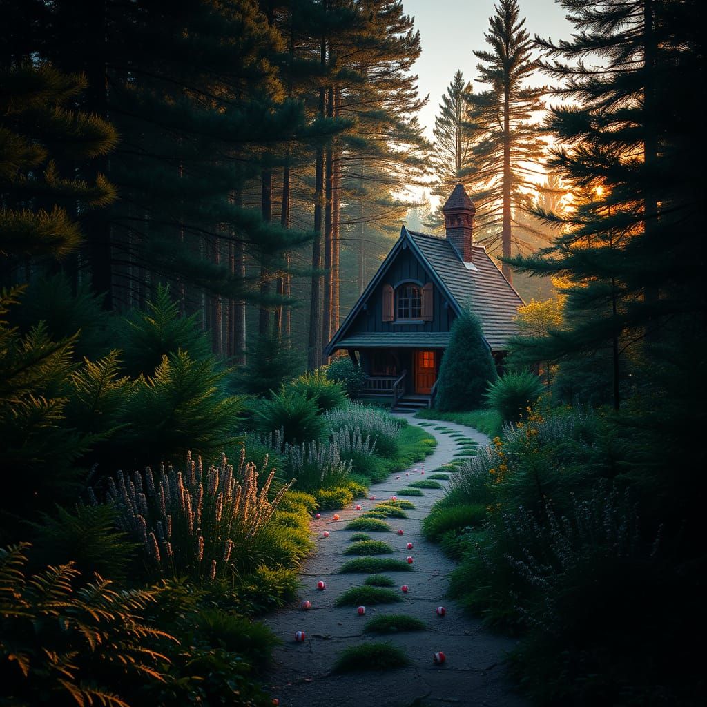 Mystical Pine Forest Pathway to Whimsical Cottage