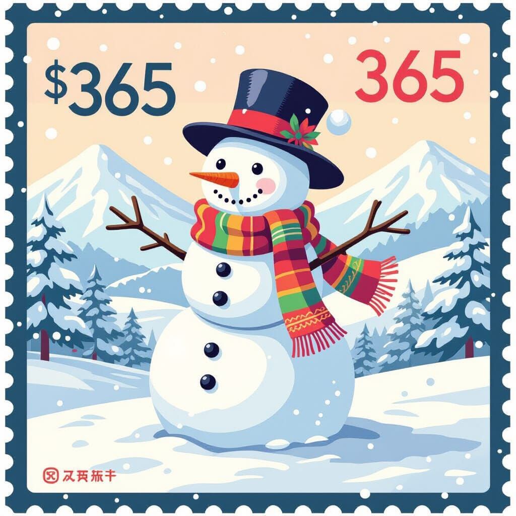 Festive Snowman on Postage Stamp in Anime Style