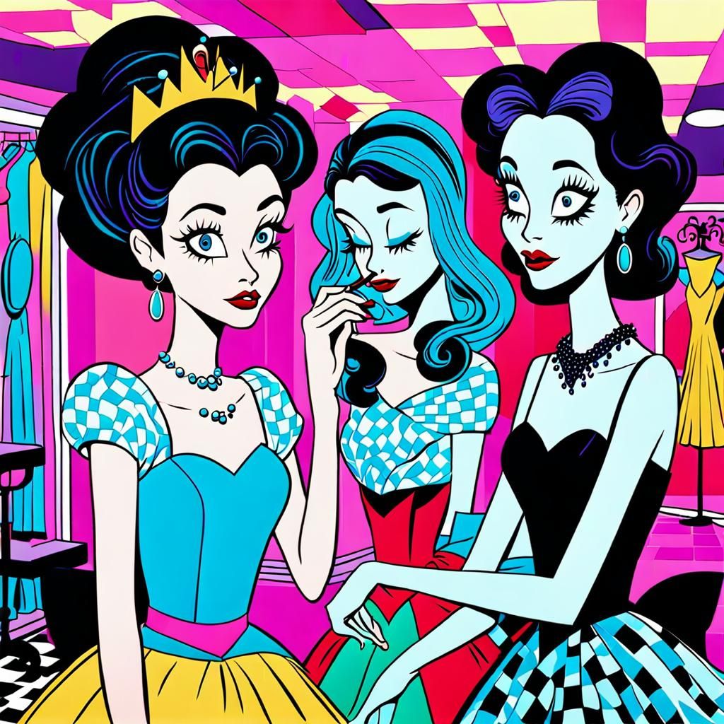Disney Princesses in Lavish Dressing Room, Cartoon Illustrat...