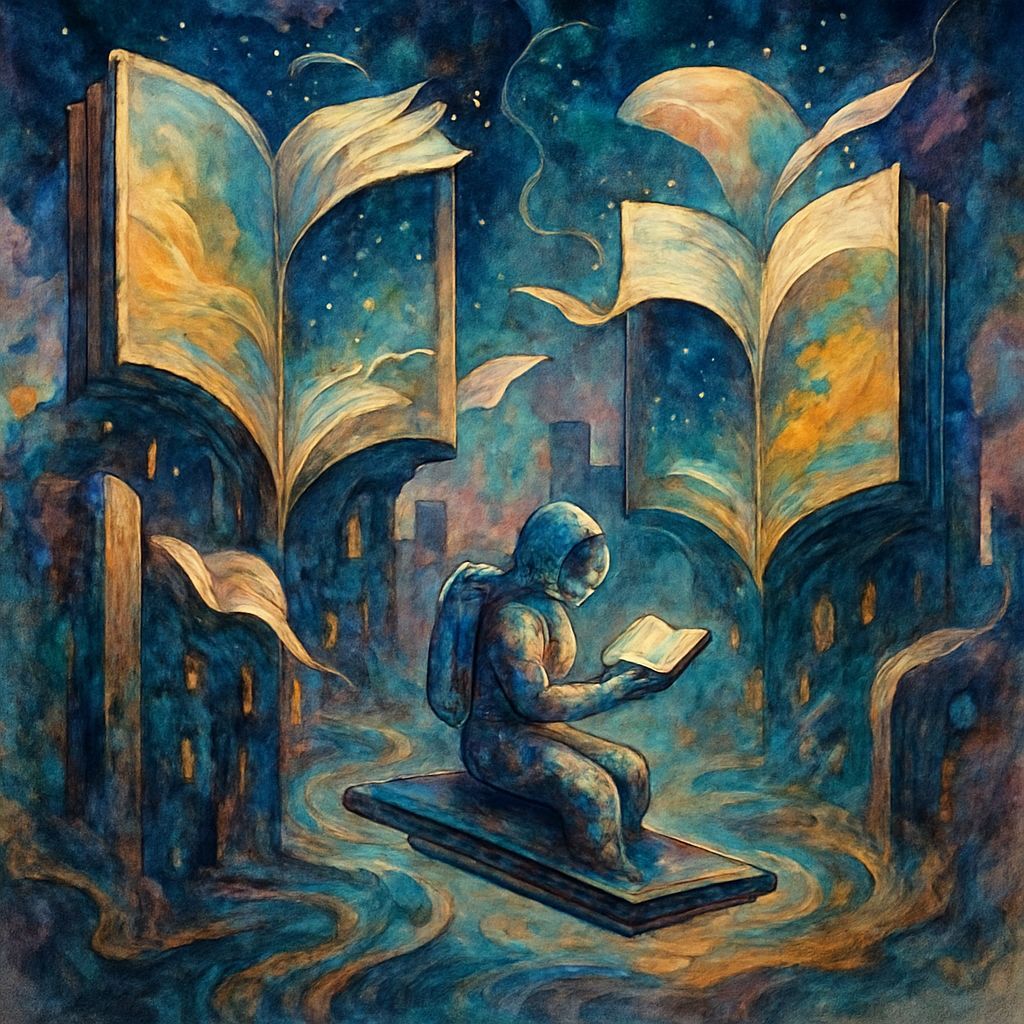 Surreal Book Cityscape with Space Traveler