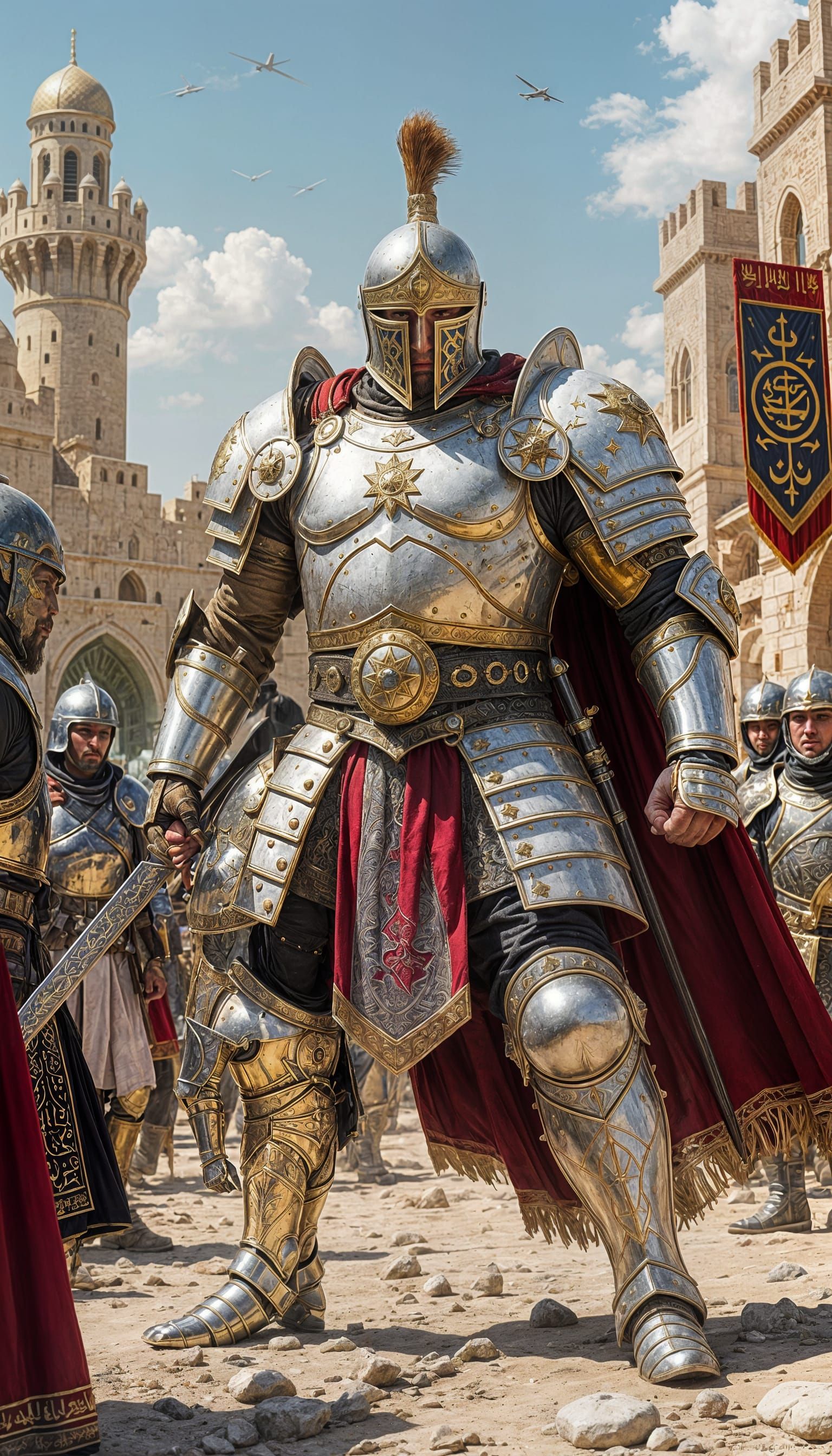 Futuristic Syrian Warrior in Golden Armor Fighting