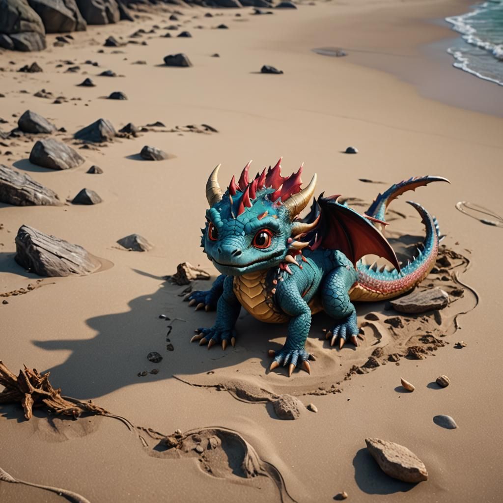 Cute Dragon on the Beach: Fantasy Concept Art