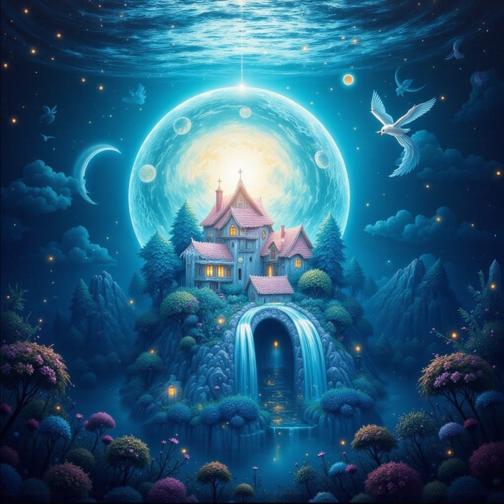 Miniature Village in Crescent Moon, Impasto Oil Style