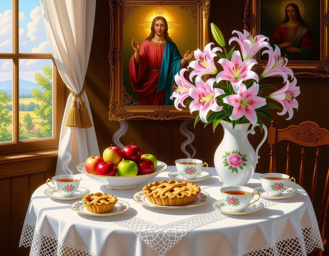 Hyperrealistic Still Life with Apples, Pies, and Lilies