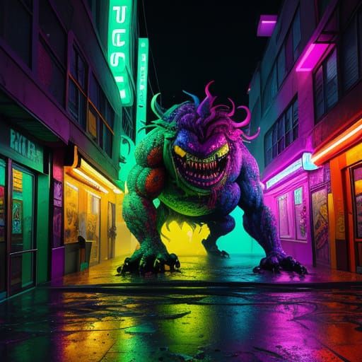 Neon Splatter Burger Beast in Urban Alleyway