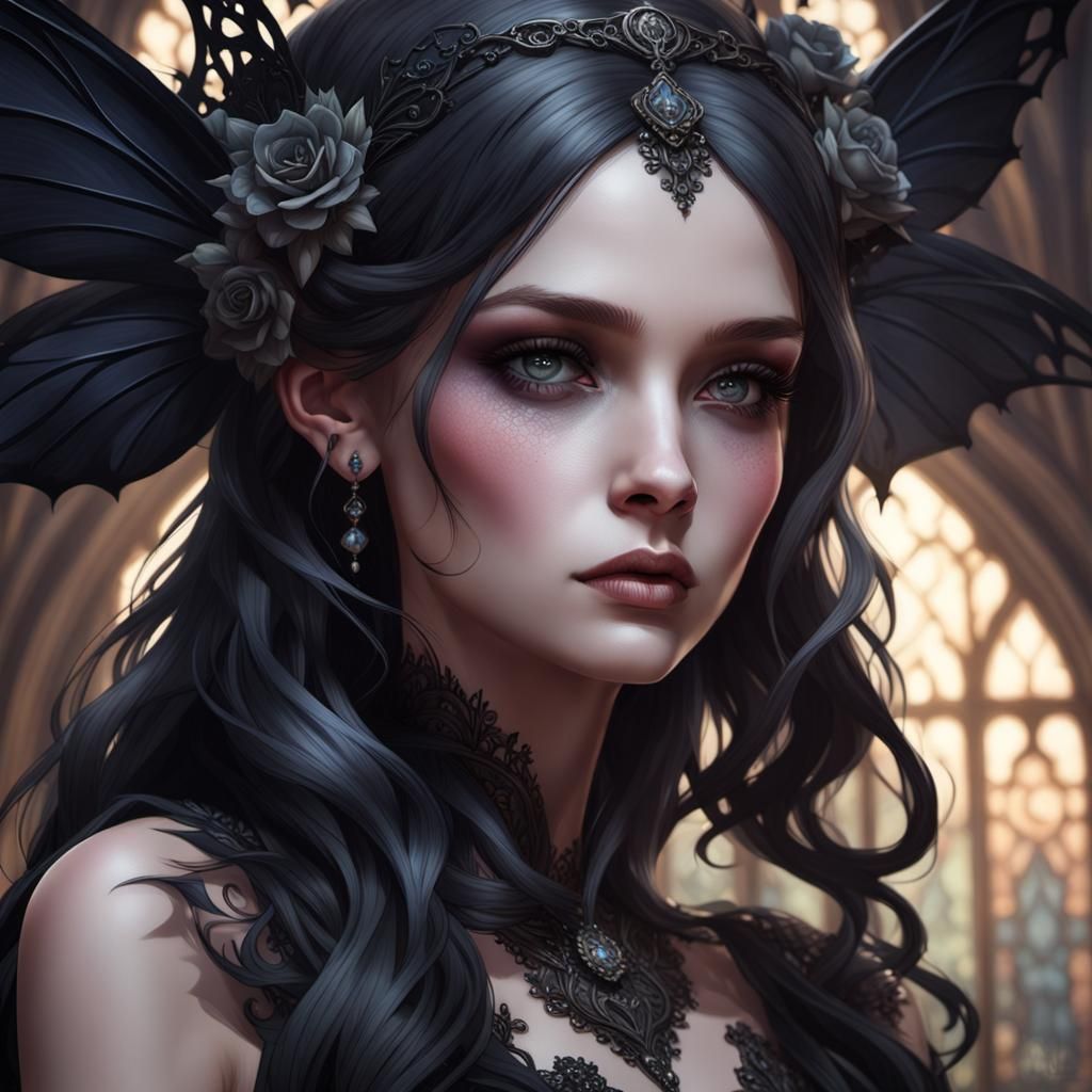 Gothic Fae in Black Wedding Dress Portrait