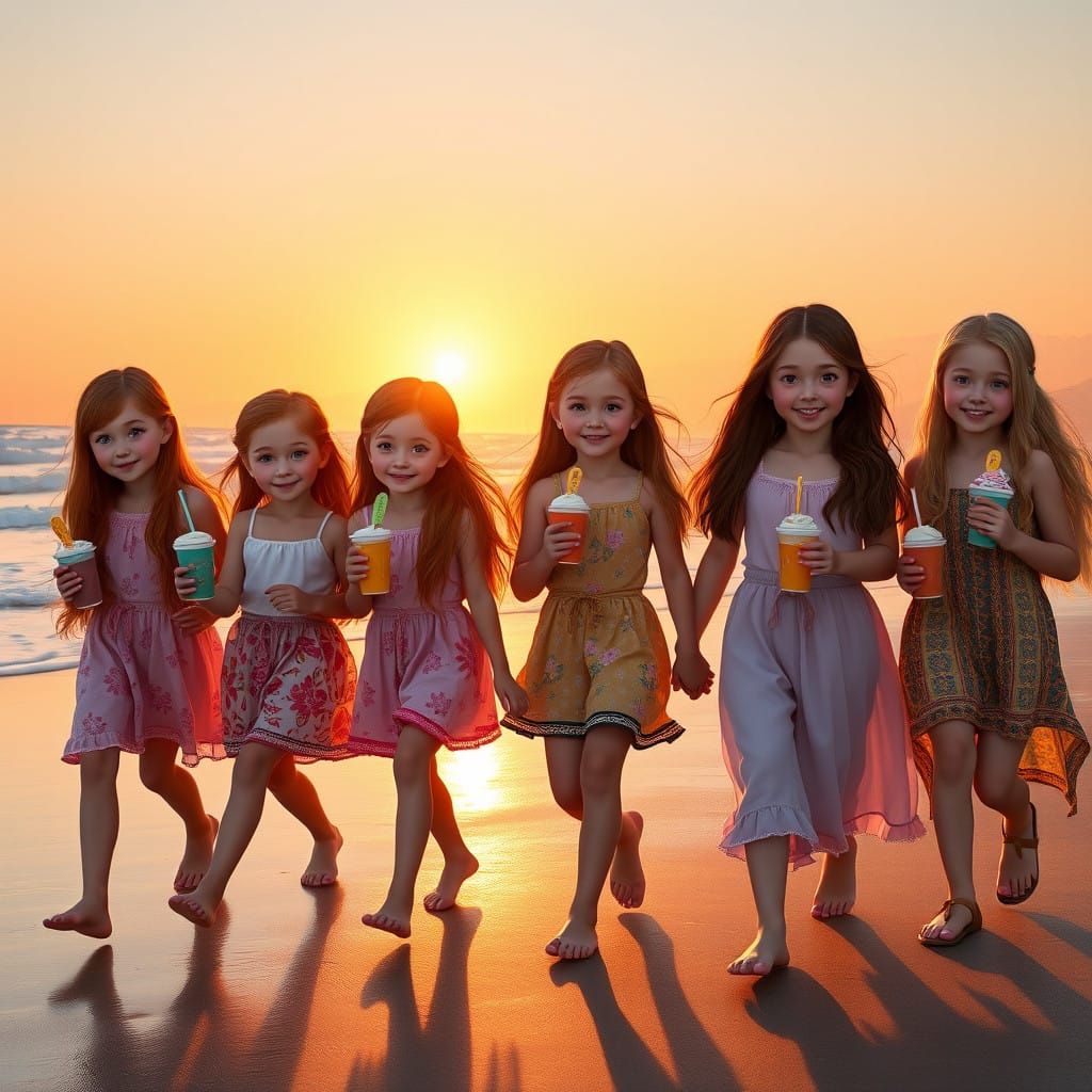 Vibrant Beach Scene with Young Girls in Whimsical Fantasy St...