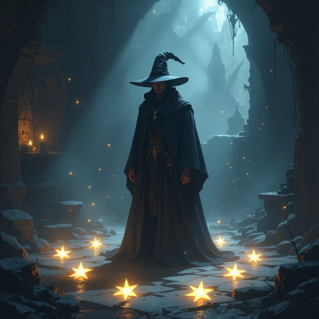 Modern Wizard in Mystical Room with Glowing Stars
