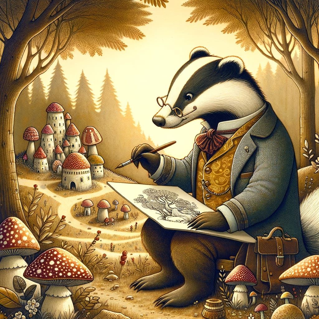 A whimsical, anthropomorphic badger wearing a tiny waistcoat...