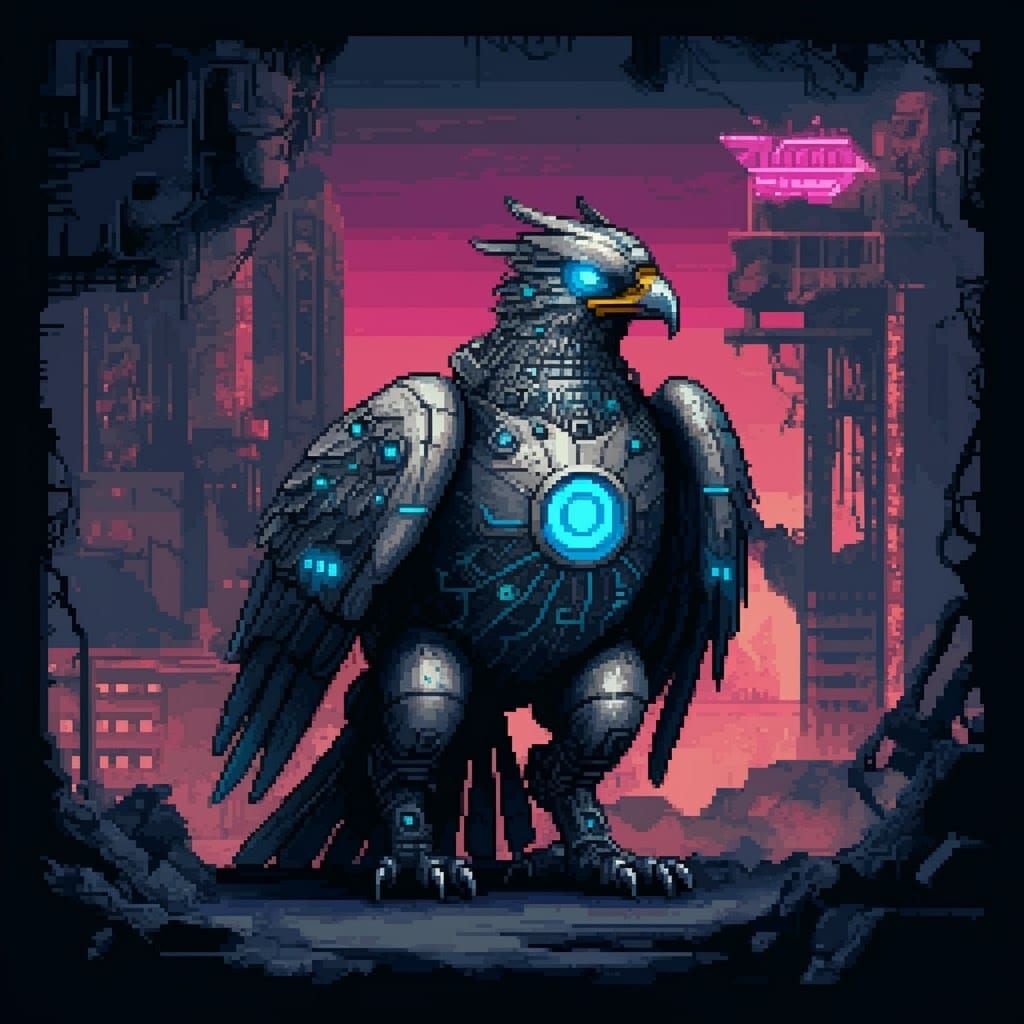 Majestic Cyborg Bird in Dystopian Pixel Art