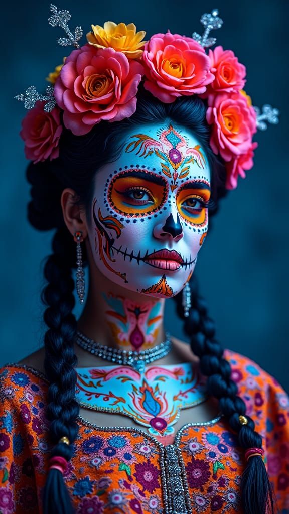 Fluorescent Sugar Skull Makeup on Adorned Mexican Woman