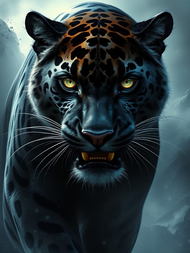 Surreal Oil Painting of a Majestic Black Jaguar in a Dramati...