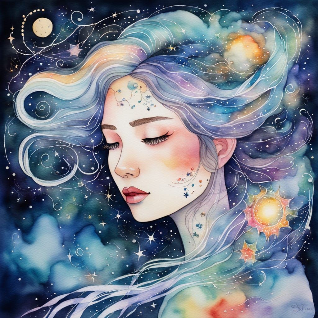 Celestial Seamstress Stitching Constellations in Watercolor
