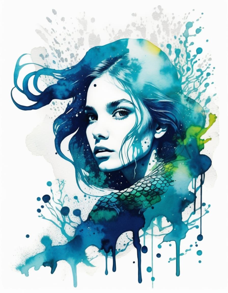 Ink Splatter Mermaid in Double Exposure