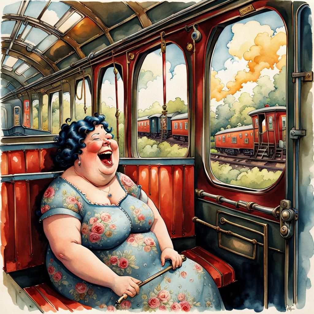 Comical Fat Woman Breaks Train Carriage, Watercolor Art