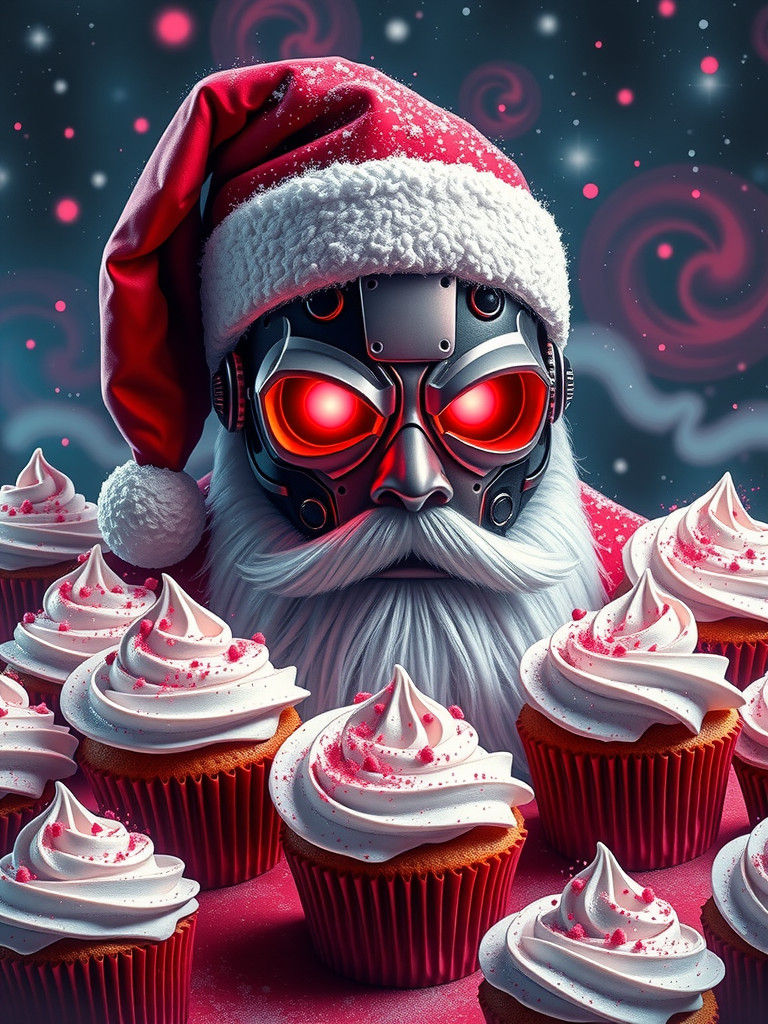Epic Hyperrealistic Portrait of Evil Robot Santa in a Candyl...