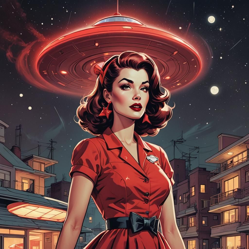 Retro-Futuristic Pin-Up Girl Under Flying Saucer