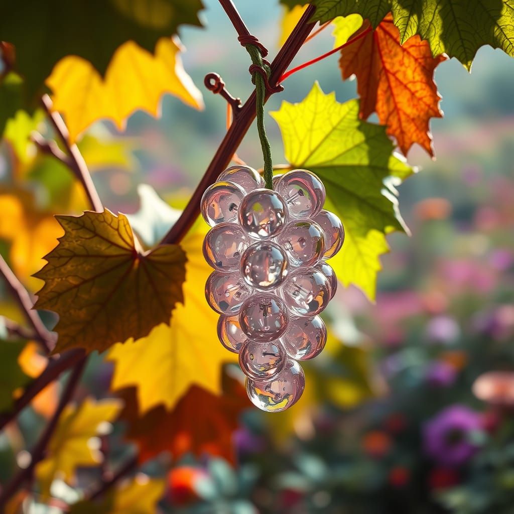 Hyperrealistic Glass Grape in Mystical Garden