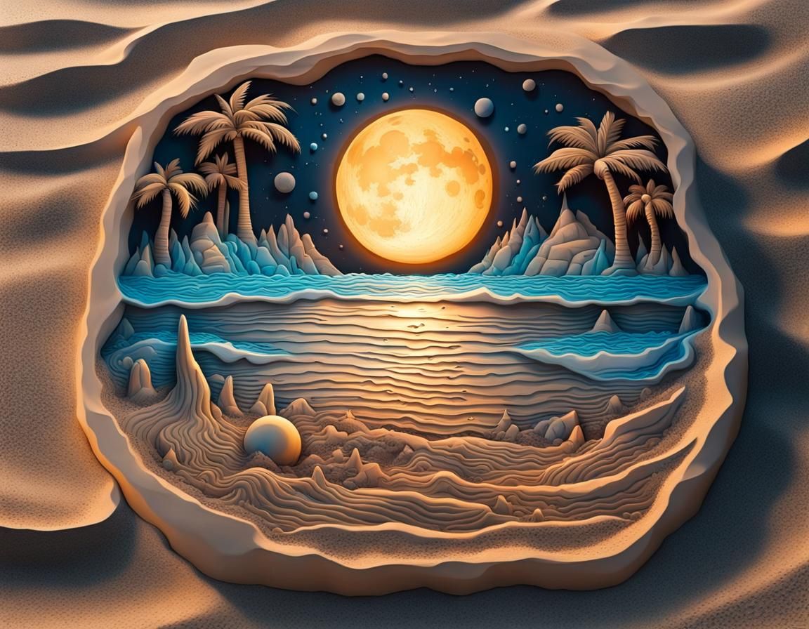 Bioluminescent Sand Sculpture on Moonlit Beach