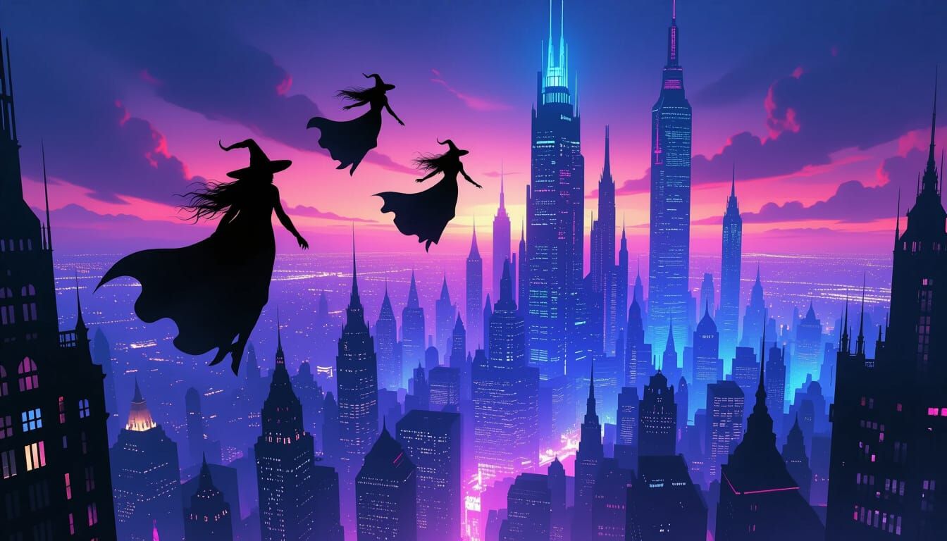 Witches Soar Over a Neon-Drenched Night City
