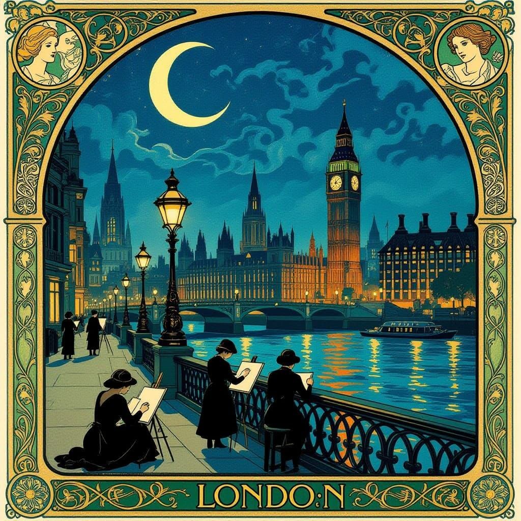 Art Nouveau London Cityscape at Night