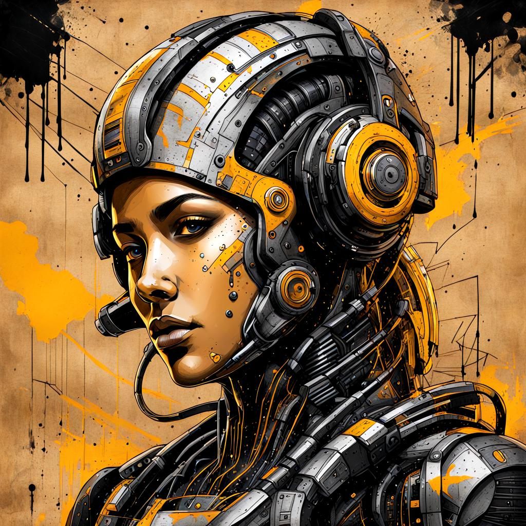 Cyborg Blueprint Sketch with Grunge and Graffiti Effects