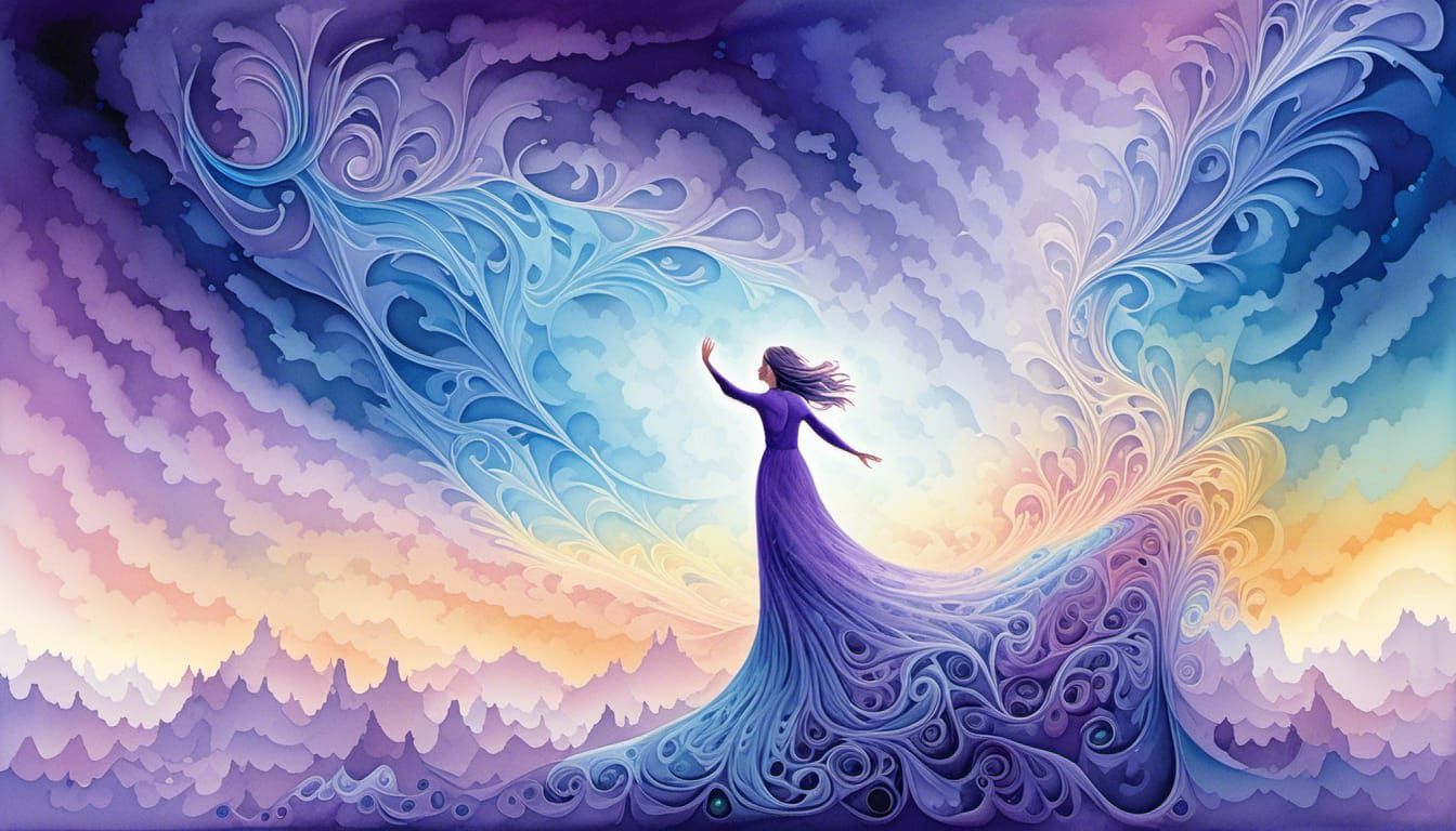 Woman Disintegrating into Light: Watercolour Fantasy