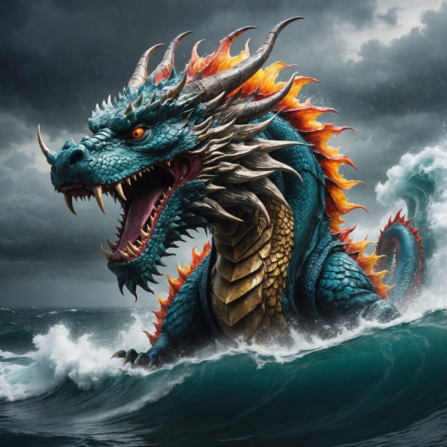 Asian Dragon in Ocean Typhoon: Hyperrealistic Image