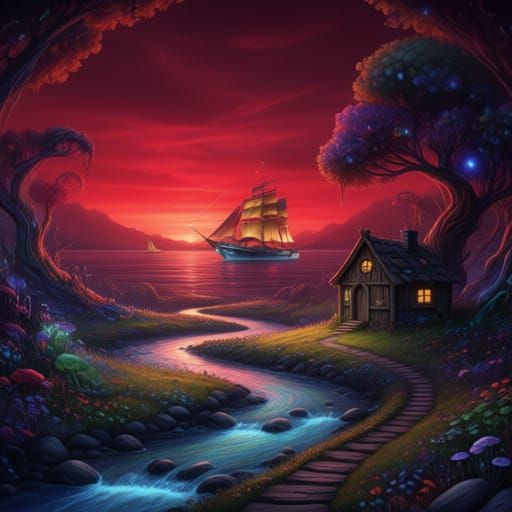 Dreamy Hyperrealistic Sunset Over Winding Stream and Cabin