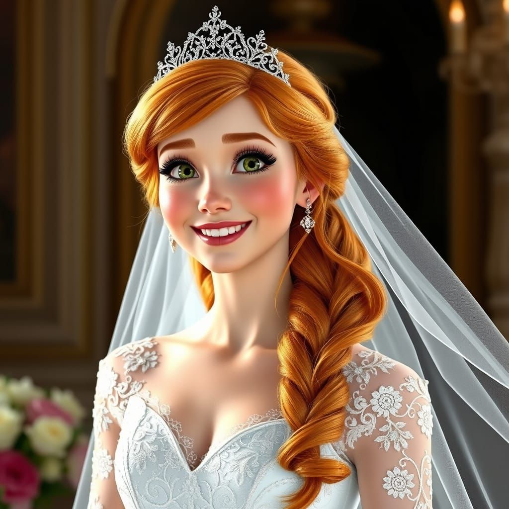 Disney Princess Anna in Wedding Dress, Photorealistic Style