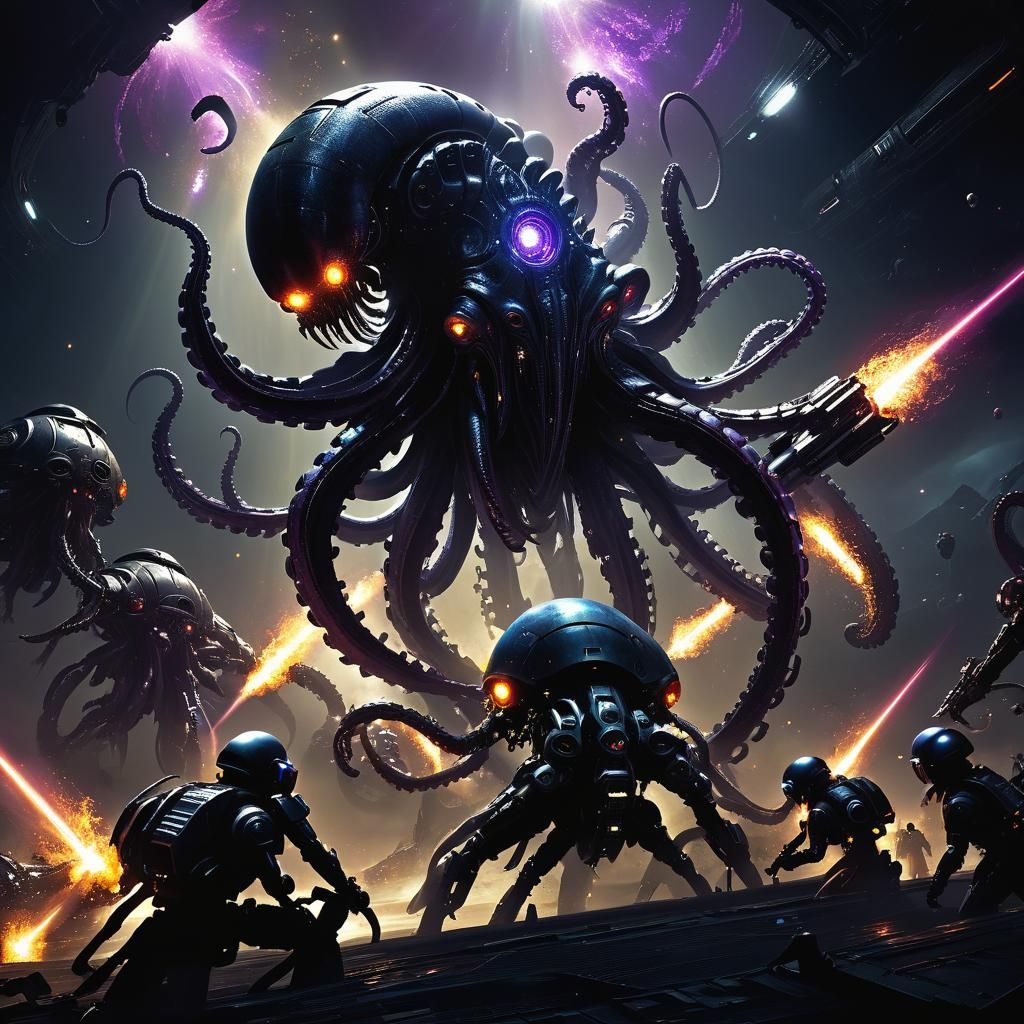 Robot Army Battles Cephalopod Aliens in Space