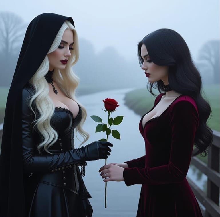 Gothic Supermodel Offers Rose on Foggy Bridge at Dawn