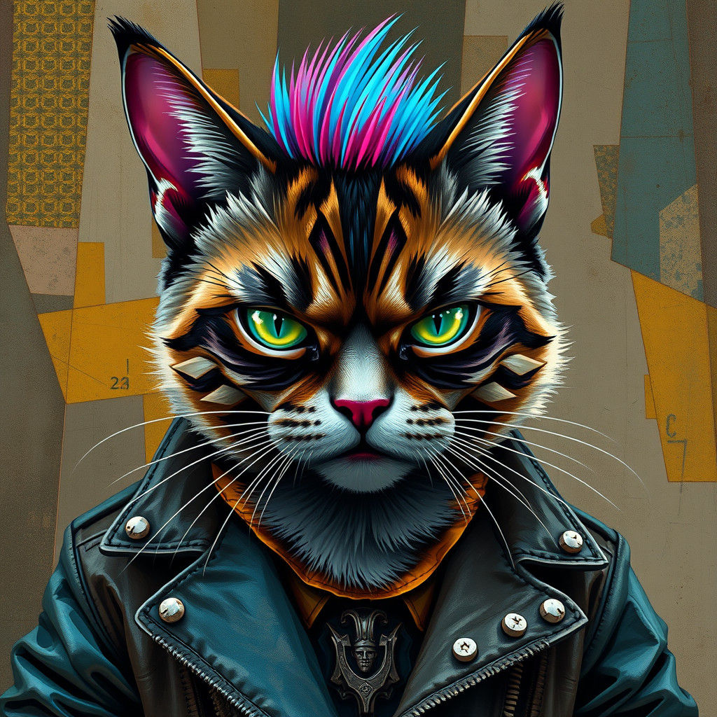 Punk Cat in Cubist Art Deco Style