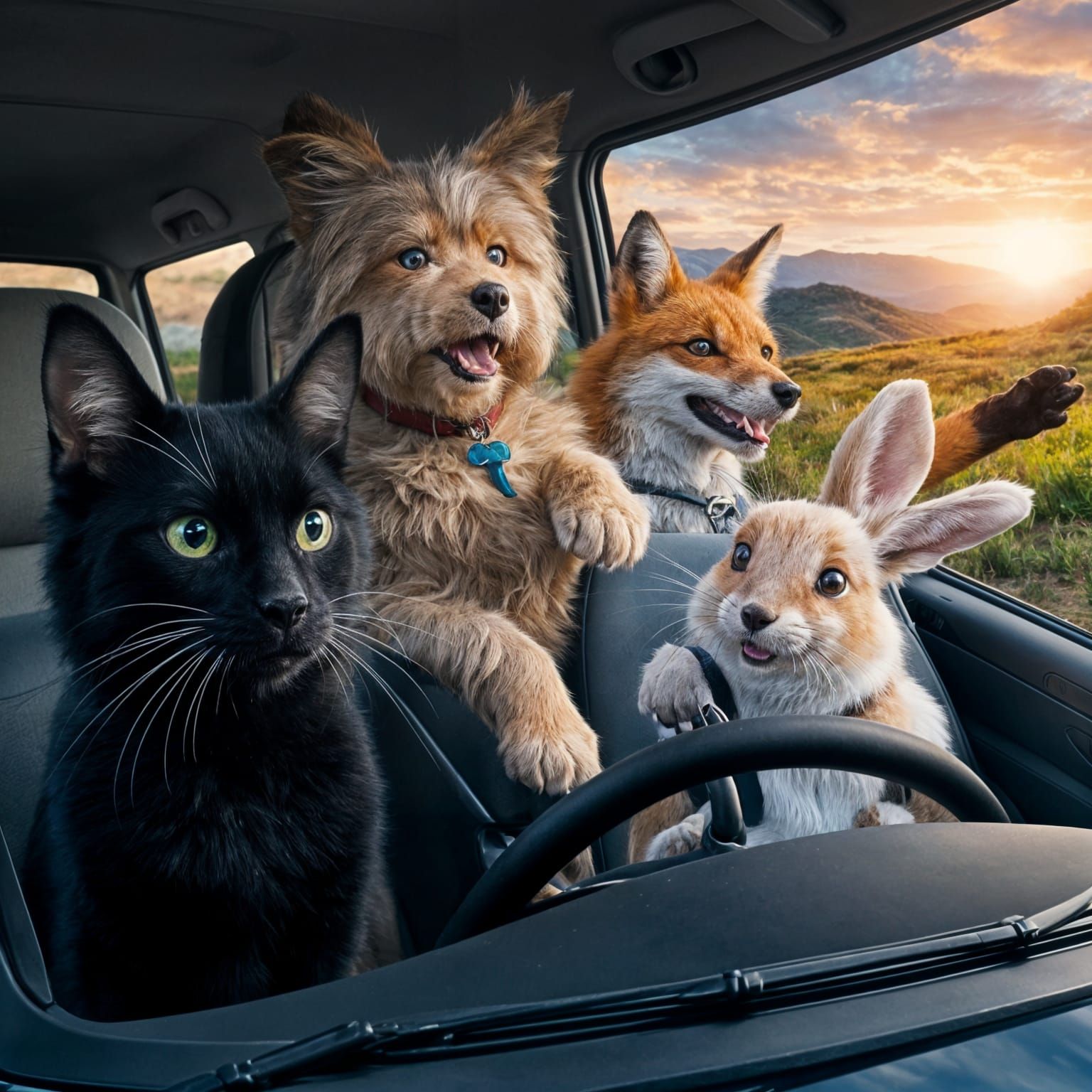 Realistic Animal Friends on a Road Trip