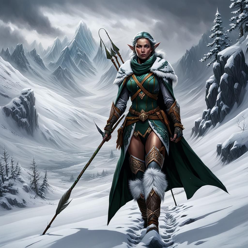 Elf Ranger Tracks Through Snowy Mountains