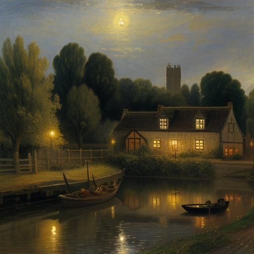 Romantic English Town at Dusk: Evokes Old Masters