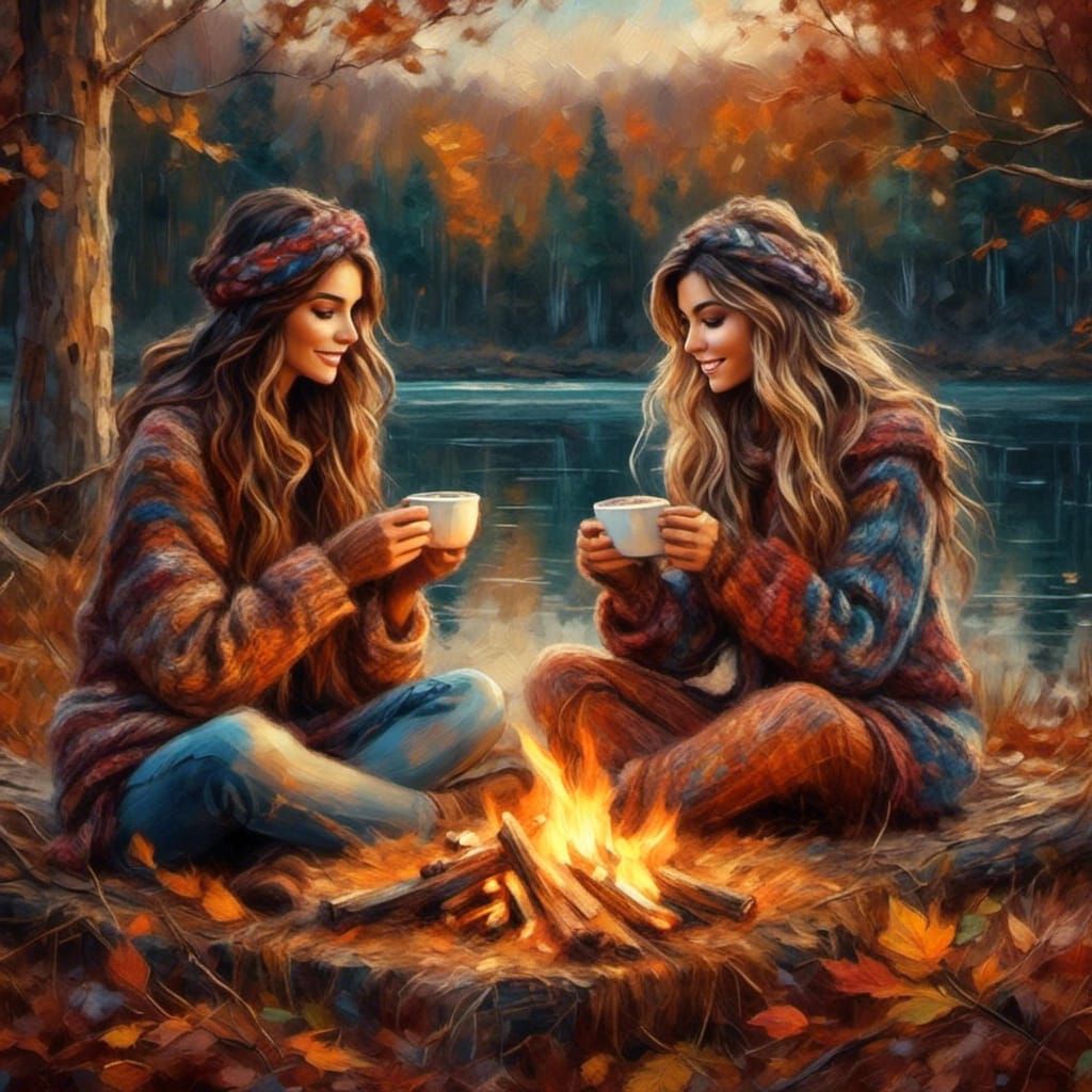 Cozy Women Enjoying Cocoa by Campfire