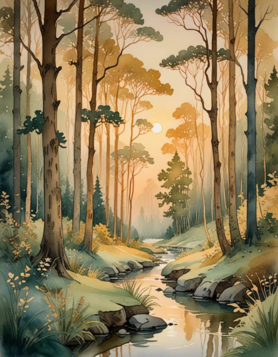 Serenely Dreamy Watercolor Forest Scene
