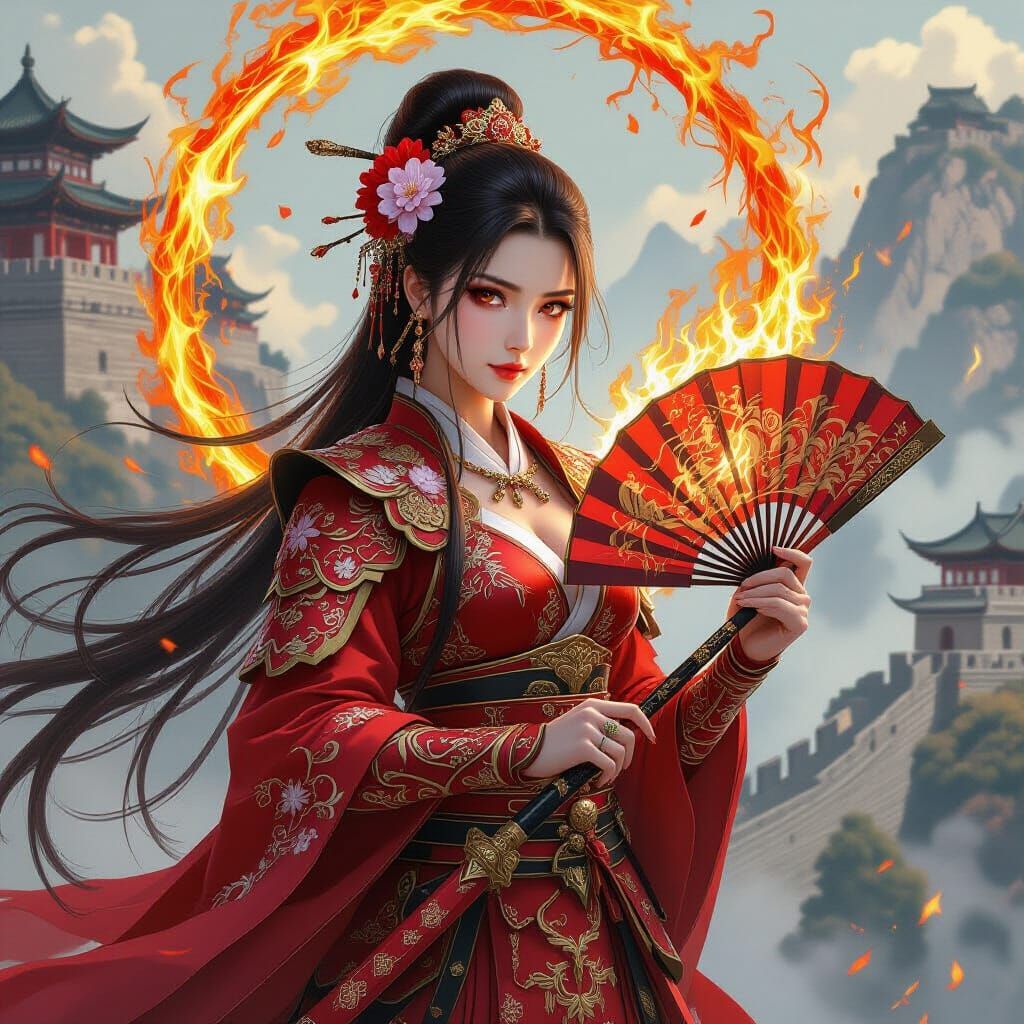 Chinese Princess with Fire Magic on Great Wall