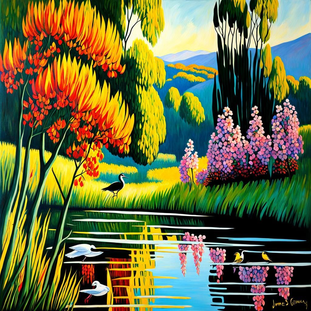 Impressionistic Landscape with Birds and Hills