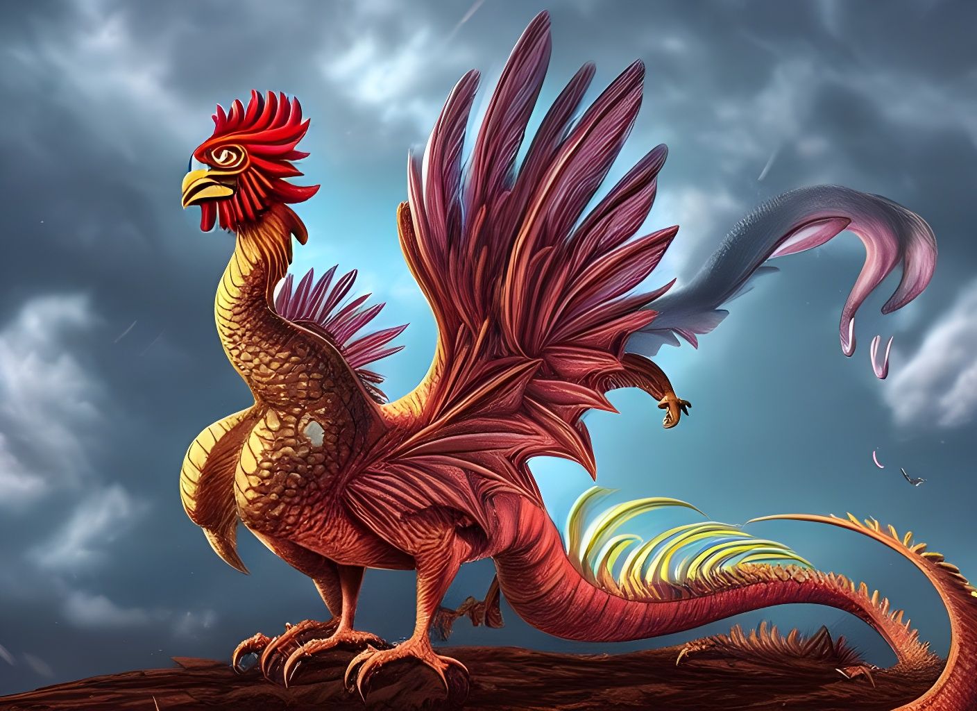 Cockatrice Chimera: Digital Art Rooster-Dragon Hybrid