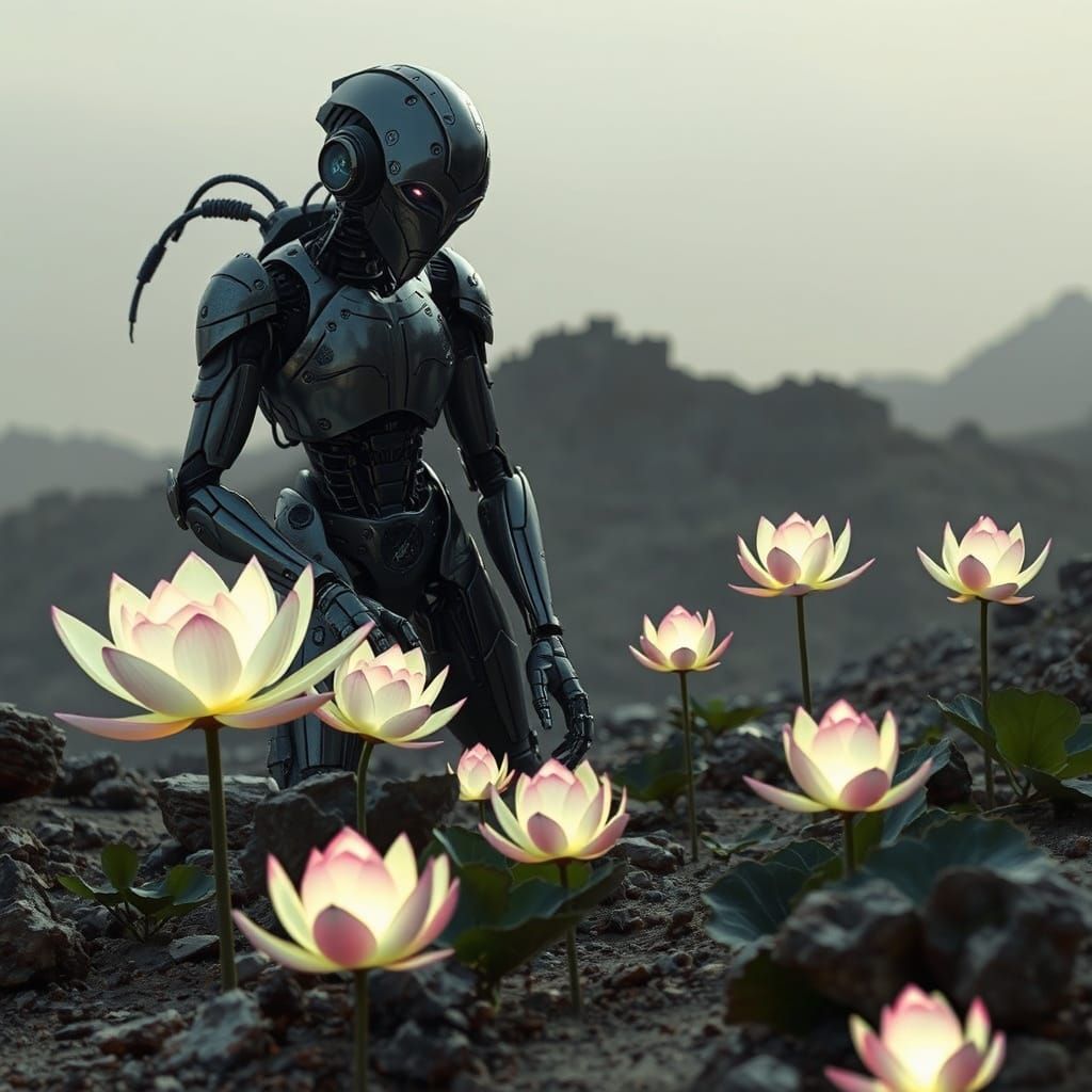 Futuristic Robot Tends Biomechanical Lotus Flowers on Barren...