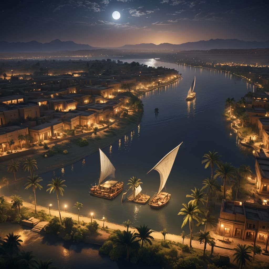 Flooded Nile River at Night: Detailed Matte Painting