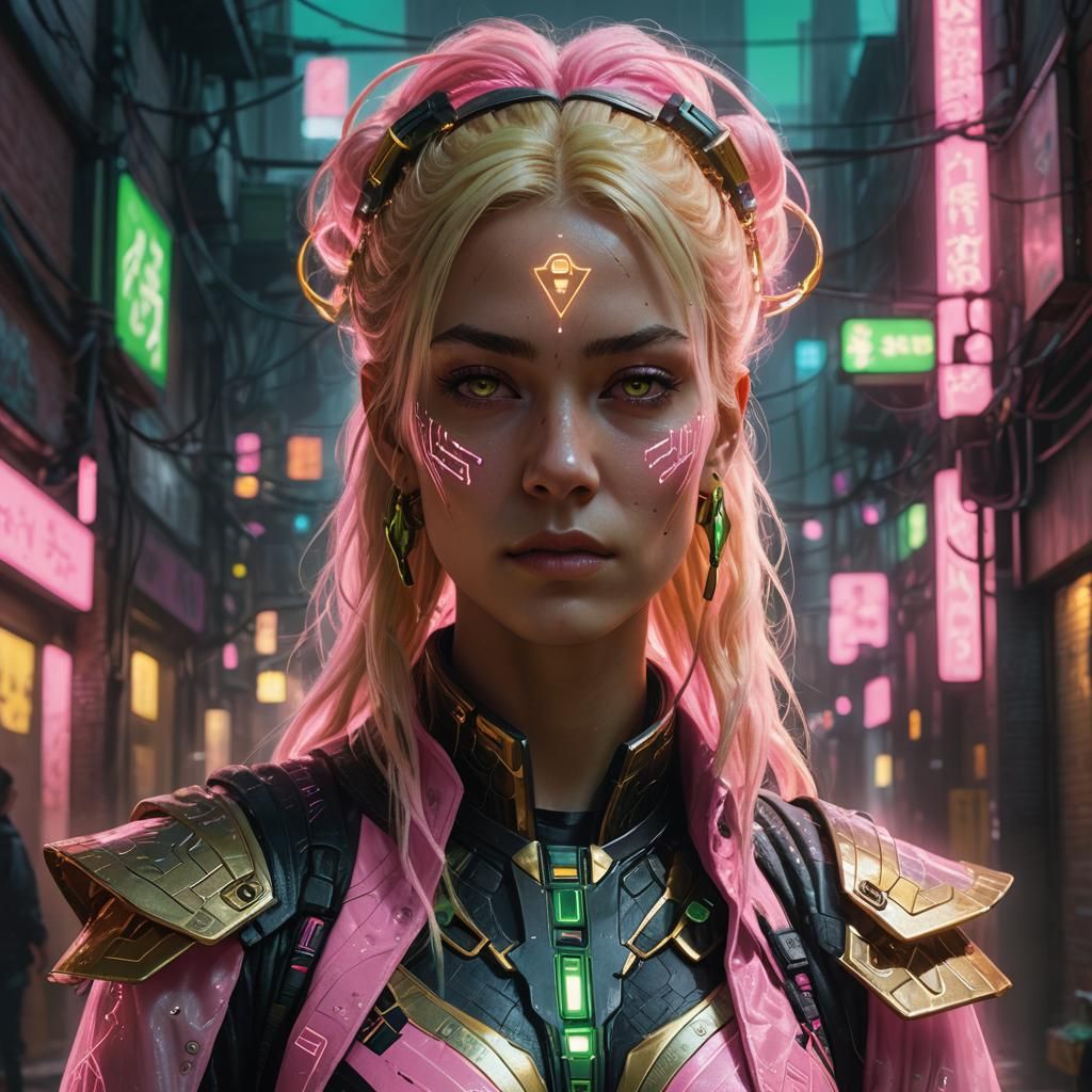 Cyberpunk Priestess Portrait in Neon Alleyway