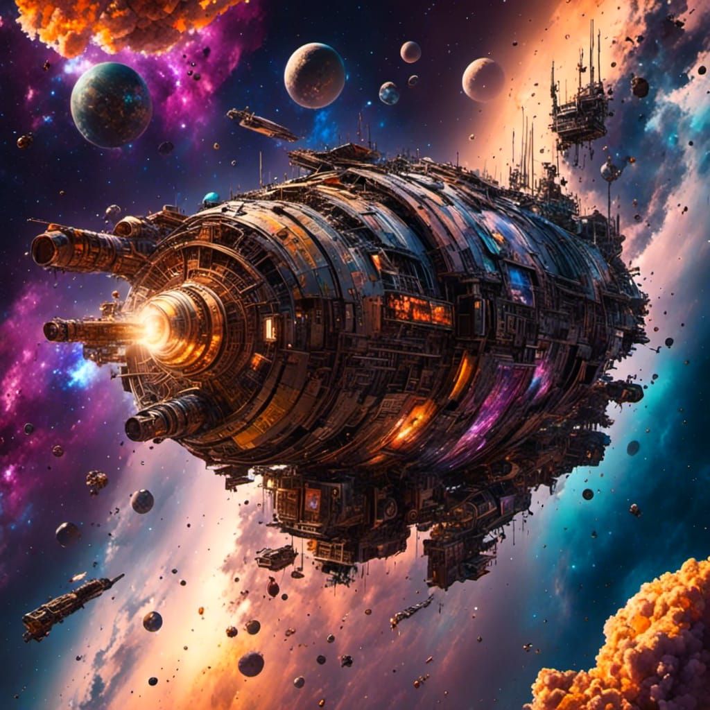 Salvaged Spaceship Concept Art in Sci-Fi Style